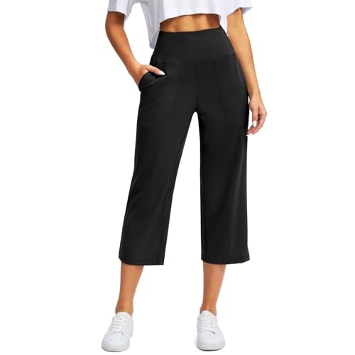 TIMELYE Yogahose Damen Weites Bein Caprihose Damen Yoga Hose mit Taschen Sommer Stretch mit Taschen Hohe Taille Jogginghose Straighthose Bauchkontrolle Schlaghose für Arbeiten Sport Yoga von TIMELYE