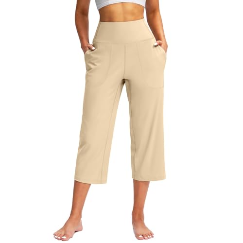 TIMELYE Yogahose Damen Weites Bein Caprihose Damen Yoga Hose mit Taschen Sommer Stretch mit Taschen Hohe Taille Jogginghose Straighthose Bauchkontrolle Schlaghose für Arbeiten Sport Yoga von TIMELYE