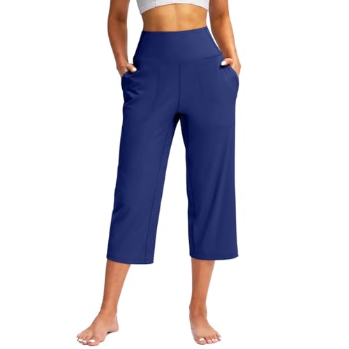 TIMELYE Yogahose Damen Weites Bein Caprihose Damen Yoga Hose mit Taschen Sommer Stretch mit Taschen Hohe Taille Jogginghose Straighthose Bauchkontrolle Schlaghose für Arbeiten Sport Yoga von TIMELYE