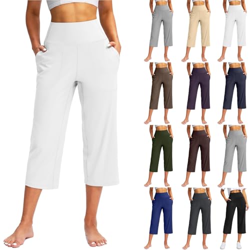 TIMELYE Yogahose Damen Weites Bein Caprihose Damen Yoga Hose mit Taschen Sommer Stretch mit Taschen Hohe Taille Jogginghose Straighthose Bauchkontrolle Schlaghose für Arbeiten Sport Yoga von TIMELYE
