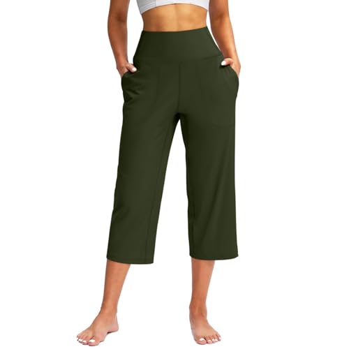 TIMELYE Yogahose Damen Weites Bein Caprihose Damen Yoga Hose mit Taschen Sommer Stretch mit Taschen Hohe Taille Jogginghose Straighthose Bauchkontrolle Schlaghose für Arbeiten Sport Yoga von TIMELYE