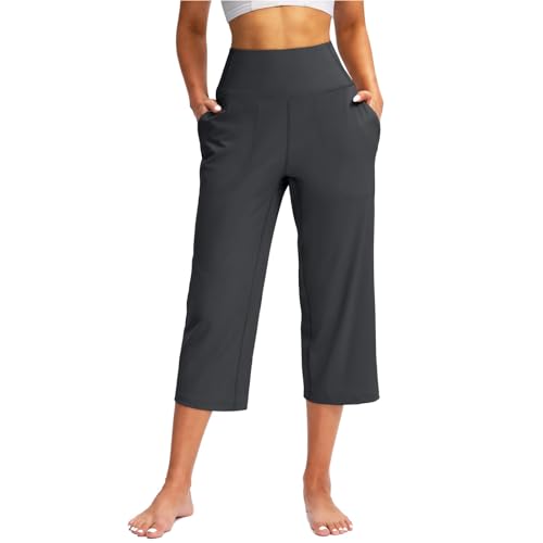 TIMELYE Yogahose Damen Weites Bein Caprihose Damen Yoga Hose mit Taschen Sommer Stretch mit Taschen Hohe Taille Jogginghose Straighthose Bauchkontrolle Schlaghose für Arbeiten Sport Yoga von TIMELYE