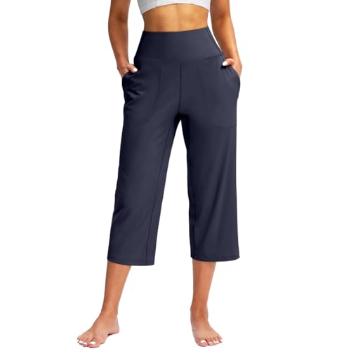 TIMELYE Yogahose Damen Weites Bein Caprihose Damen Yoga Hose mit Taschen Sommer Stretch mit Taschen Hohe Taille Jogginghose Straighthose Bauchkontrolle Schlaghose für Arbeiten Sport Yoga von TIMELYE