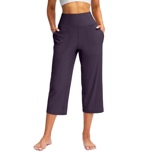 TIMELYE Yogahose Damen Weites Bein Caprihose Damen Yoga Hose mit Taschen Sommer Stretch mit Taschen Hohe Taille Jogginghose Straighthose Bauchkontrolle Schlaghose für Arbeiten Sport Yoga von TIMELYE