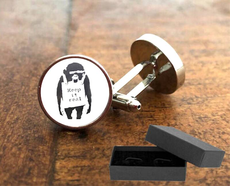 "Banksy "Keep It Real" Manschettenknöpfe - Street Art 16 Mm Glasfront Rhodiniert" von Timescript