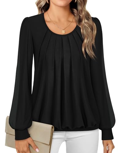 Timeson Damen Langarm U-Ausschnitt Plissee Vorne Eng anliegende Bluse Tops, schwarz, X-Groß von Timeson