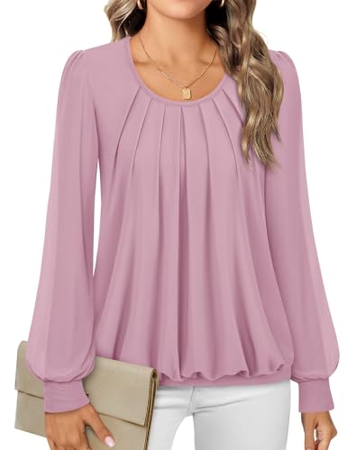 Timeson Damen langarm-scoop neck plissee vorne taillierte bluse tops Dark Rosa XXX-Large von Timeson