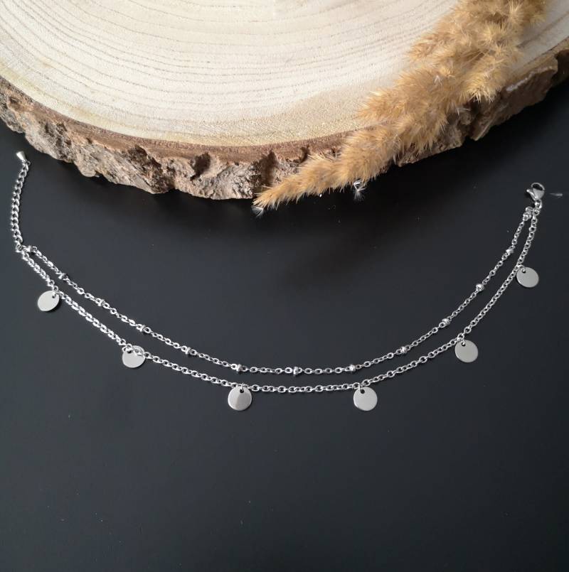 Doppeltes Fußkettchen Mit Plättchen Und Perlchen - Silberne Fußkette Aus Edelstahl/Layeringlook/Doppelkette Coins Kl. Metallperlen von TimetoShinebyAnnaDE