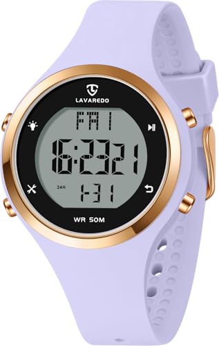 Timever Damen Armbanduhr mit Silikonband,Digitaluhr mit Alarm,Stoppuhr,Datum,Licht,Timer, Zwei Zonen,Schlummer BlackLightPurple von Timever