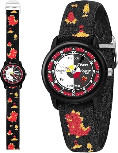 Timever Kinder Armbanduhr Mädchen Jungen mit Elastisches Stoff Armband,analoge Kinderuhr zum Lernen,Schmetterling Dinosaurier Floralen Motiven BlackDinosaur von Timever