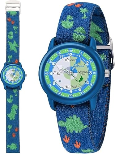 Timever Kinder Armbanduhr Mädchen Jungen mit Elastisches Stoff Armband,analoge Kinderuhr zum Lernen,Schmetterling Dinosaurier Floralen Motiven BlueDinosaur von Timever