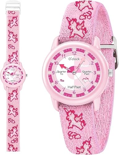 Timever Kinder Armbanduhr Mädchen Jungen mit Elastisches Stoff Armband,analoge Kinderuhr zum Lernen,Schmetterling Dinosaurier Floralen Motiven PinkUnicorn von Timever