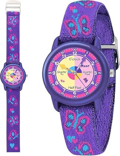 Timever Kinder Armbanduhr Mädchen Jungen mit Elastisches Stoff Armband,analoge Kinderuhr zum Lernen,Schmetterling Dinosaurier Floralen Motiven PurpleButterfly von Timever