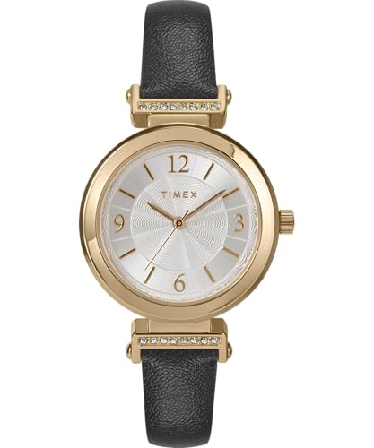 Timex Main Street Damen-Armbanduhr, 31 mm, schwarzes Lederarmband, silberfarbenes Zifferblatt, goldfarbenes Gehäuse TW2W96400 von Timex