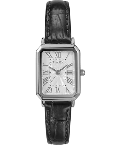 Timex Trend Damen-Armbanduhr, 21 mm, schwarzes Lederarmband, weißes Ziffernblatt, silberfarbenes Gehäuse TW2Y00800 von Timex