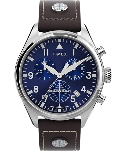 Timex Timex Chronograph Herren-Armbanduhr, 42 mm, braunes, zweiteiliges Lederarmband, blaues Zifferblatt, Edelstahlgehäuse TWG030000 von Timex