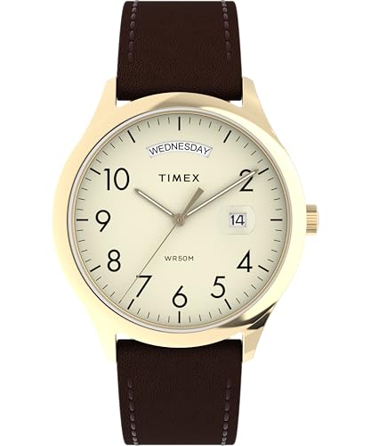 Timex Easy Reader Herren-Armbanduhr, 40 mm, braunes Lederarmband, cremefarbenes Ziffernblatt, goldfarbenes Gehäuse TW2W68400 Timex Easy Reader Herren-Armbanduhr, 40 mm, braunes Lederarmband, cremefarbenes Ziffernblatt, goldfarbenes Gehäuse TW2W68400 von Timex