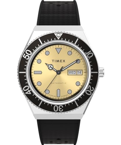 Timex Q Automatic Herren-Armbanduhr, 40 mm, Edelstahl-Synthetikkautschuk-Armband, champagnerfarbenes Zifferblatt, Edelstahlgehäuse TW2W47600 von Timex