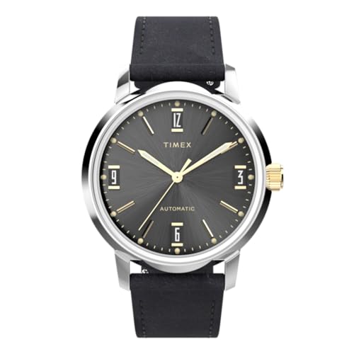 Timex Marlin Automatic Herren-Armbanduhr, 40 mm, schwarzes, zweiteiliges Lederarmband mit Schnellverschluss, schwarzes Zifferblatt, Edelstahlgehäuse TW2W33900 von Timex