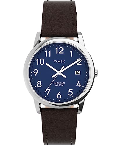 Timex Easy Reader Herrenuhr, silberfarbenes Gehäuse mit braunem nachhaltigem Band und blauem Zifferblatt von Timex