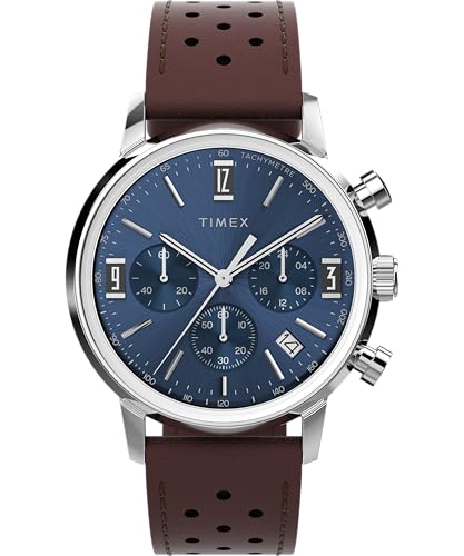 Timex Marlin Chronograph Herren-Armbanduhr, 40 mm, braunes zweiteiliges Lederarmband mit Schnellverschluss, blaues Zifferblatt, Edelstahlgehäuse TW2W10200 von Timex