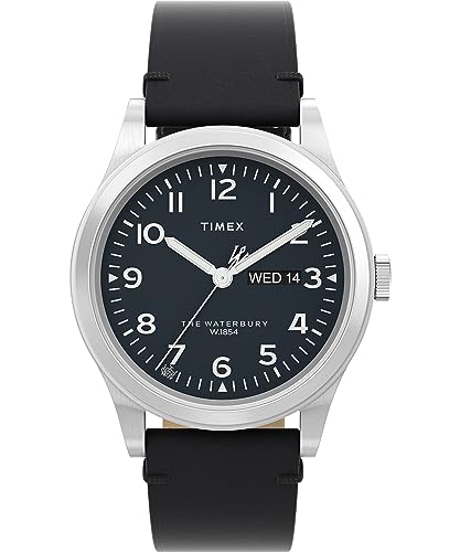 Timex Waterbury Herren-Armbanduhr, 39 mm, schwarzes, zweiteiliges Lederarmband mit Schnellverschluss, schwarzes Zifferblatt, Edelstahlgehäuse TW2W14700 von Timex