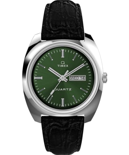Timex Q Herren-Armbanduhr, 37,5 mm, schwarzes, zweiteiliges Lederarmband mit Schnellverschluss, grünes Zifferblatt, Edelstahlgehäuse TW2W44700 von Timex