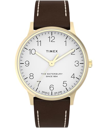 Timex Waterbury Herren-Armbanduhr, 40 mm, braunes, zweiteiliges Lederarmband mit Schnellverschluss, weißes Zifferblatt, goldfarbenes Gehäuse TW2W84400 von Timex