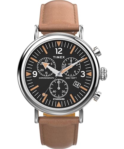 Timex Waterbury Chronograph Herren-Armbanduhr, 41 mm, braunes, zweiteiliges Lederarmband mit Schnellverschluss, schwarzes Zifferblatt, silberfarbenes Gehäuse TW2W84500 von Timex
