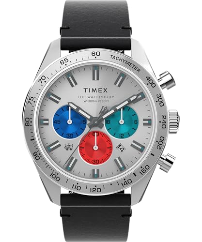 Timex Waterbury Herren-Armbanduhr, 41 mm, schwarzes Lederarmband mit Schnellverschluss, silberfarbenes Ziffernblatt, Edelstahlgehäuse TW2Y29200 von Timex