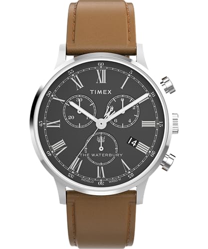 Timex Waterbury Herren-Armbanduhr, 40 mm, braunes Lederarmband, schwarzes Zifferblatt, Edelstahlgehäuse TW2Y29300 von Timex