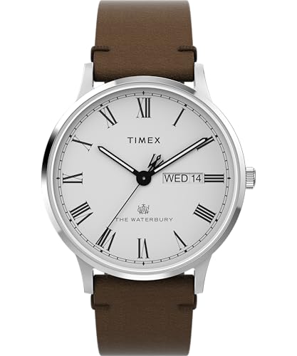 Timex Waterbury Herren-Armbanduhr, 40 mm, braunes Lederarmband, weißes Zifferblatt, Edelstahlgehäuse TW2Y29500 von Timex