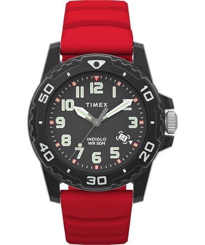 Timex Main Street Herren-Armbanduhr, 42 mm, rotes Silikonarmband, schwarzes Zifferblatt, schwarzes Gehäuse TW5M61000 von Timex