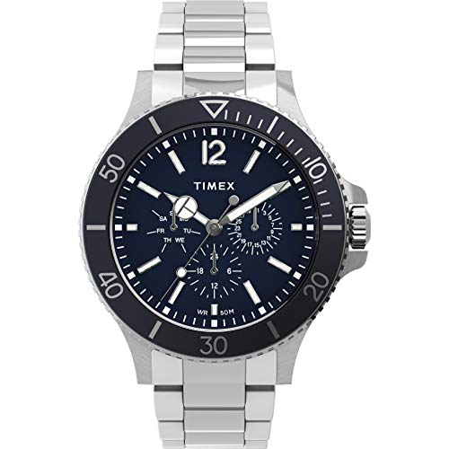 Timex Herren Harborside Multifunktionsuhr 43mm - Blaues Zifferblatt mit Silberfarbenem Gehäuse und Edelstahlarmband TW2U13200 von Timex
