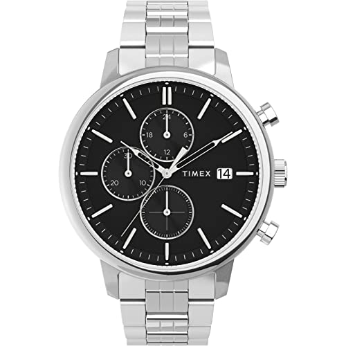 Timex Herren Trend 45mm Uhr - Silber-Ton Gehäuse mit Schwarzem Zifferblatt und Edelstahlarmband TW2V01600 von Timex