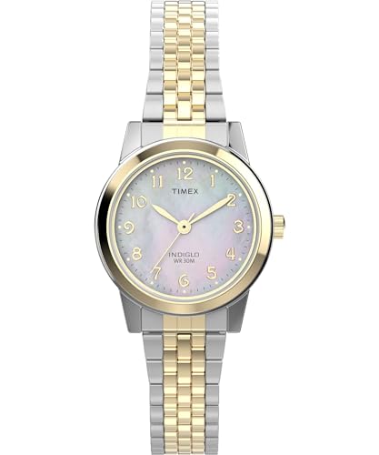 Timex Main Street Damen-Armbanduhr, 25 mm, zweifarbiges Edelstahl-Stretcharmband, Perlmutt-Zifferblatt, zweifarbiges Gehäuse TW2W35300 von Timex
