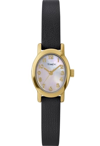 Timex Main Street Damen-Armbanduhr,18 mm, schwarzes Lederarmband, Perlmutt-Zifferblatt, goldfarbenes Gehäuse TW2W82600 von Timex