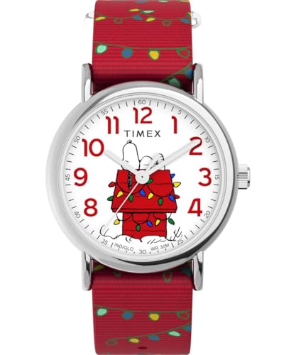 Timex Peanuts Damen-Armbanduhr, 38 mm, rotes Stoff-Durchzugsarmband, weißes Ziffernblatt, silberfarbenes Gehäuse TW2W80800 von Timex