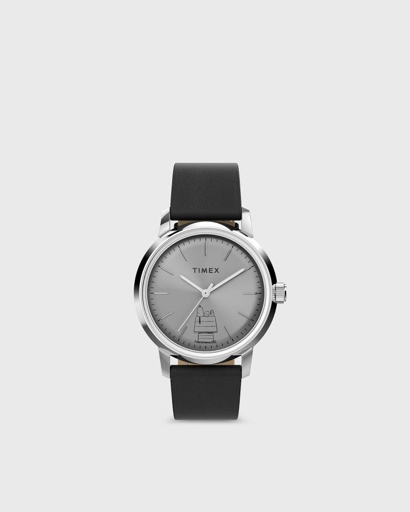 Timex Peanuts Marlin Auto 75th Anniversary - Stainless Steel Case and Black Leather Strap 40mm case men Watches black|silver in Größe:ONE SIZE von Timex