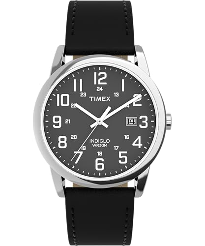 Timex TW2Y12800 Easy Reader Herren-Armbanduhr, 38 mm, schwarzes Lederarmband mit schwarzem Ziffernblatt und silberfarbenem Gehäuse von Timex