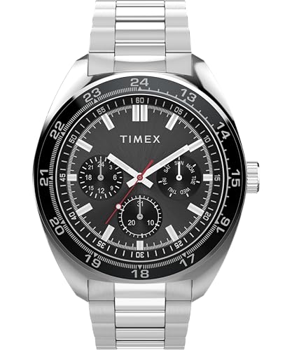 Timex TW2Y22600 Trend Damen-Armbanduhr, 45 mm, silberfarbenes Edelstahlarmband mit schwarzem Ziffernblatt und silberfarbenem Gehäuse von Timex