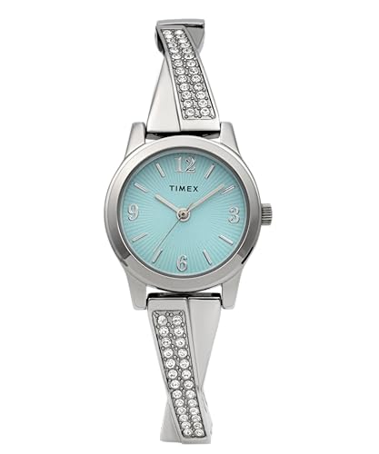 Timex TW2Y39400 Main Street Damen-Armbanduhr, 25 mm, silberfarbenes dehnbares Edelstahlarmband mit blauem Zifferblatt und silberfarbenem Gehäuse von Timex