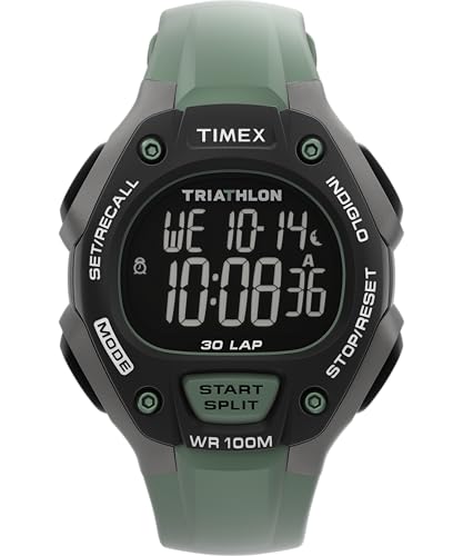 Timex TW5M67300 Herren Triathlon Classic-Uhr, 38 mm, grüner PU-Zweiteiler mit digitalem Zifferblatt und schwarzem Gehäuse von Timex