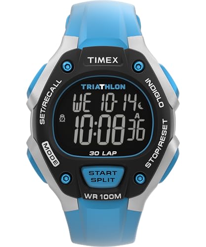 Timex TW5M67400 Herren Triathlon Classic-Uhr, 38 mm, Blauer PU-Zweiteiler mit digitalem Zifferblatt und grauem Gehäuse von Timex