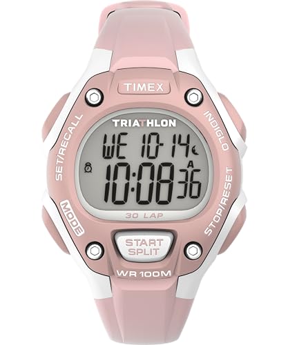Timex TW5M67700 Herren Triathlon Classic-Uhr, 34 mm, rosa PU-Zweiteiler mit digitalem Zifferblatt und grauem Gehäuse von Timex