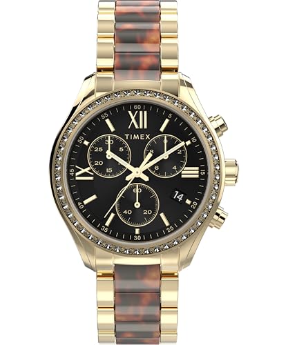 Timex Trend Damen-Armbanduhr, 38 mm, Armband aus goldfarbener Legierung, schwarzes Ziffernblatt, goldfarbenes Gehäuse TW2Y28300 von Timex