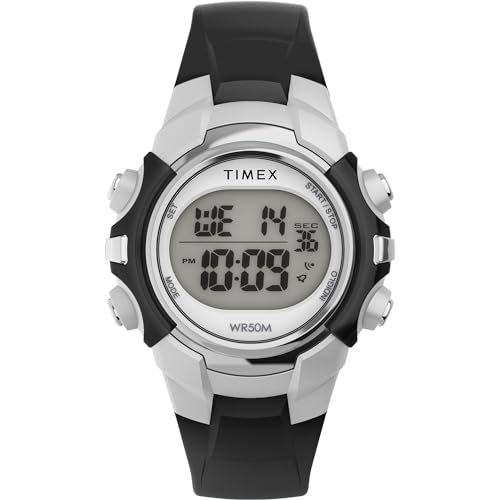 Timex Sport Unisex-Armbanduhr, 33 mm, schwarzes Kunstharzarmband, digitales Zifferblatt, silberfarbenes Gehäuse TW5M61300 von Timex