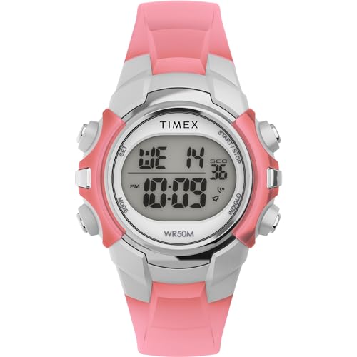 Timex Sport Unisex-Armbanduhr, 33 mm, rosa Kunstharzarmband, digitales Zifferblatt, silberfarbenes Gehäuse TW5M61600 von Timex