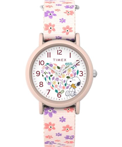 Timex Peanuts Floral Armbanduhr, Unisex, 34 mm, rosa Stoffarmband, weißes Zifferblatt, rosa Gehäuse TW2W33400 von Timex