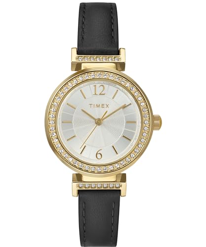 Timex Damen-Armbanduhr, Dress Watch, 31 mm, schwarzes Lederarmband, silberfarbenes Zifferblatt, goldfarbenes Gehäuse TW2W48900 von Timex